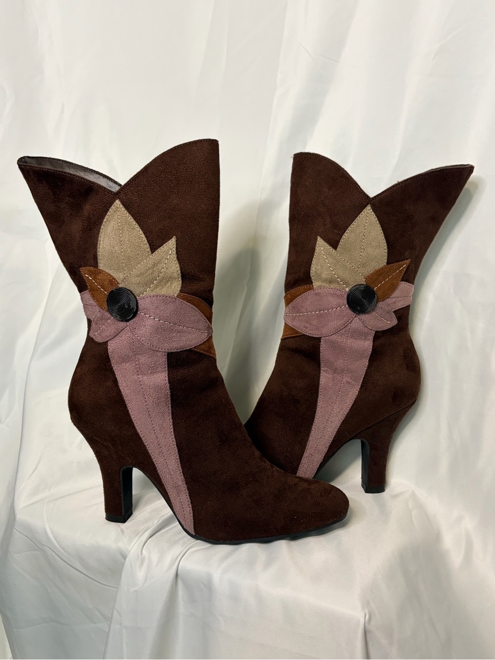 Women's Brown Suede Floral Accent High-Heel Boots - Picture 1 of 6